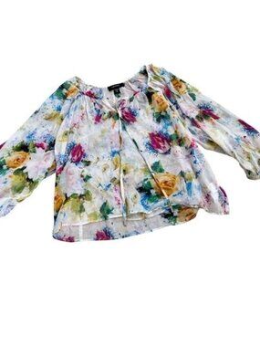 Karen Kane Peasant Top Womens XL White Floral Watercolor Boho Cottagecore Cotton
